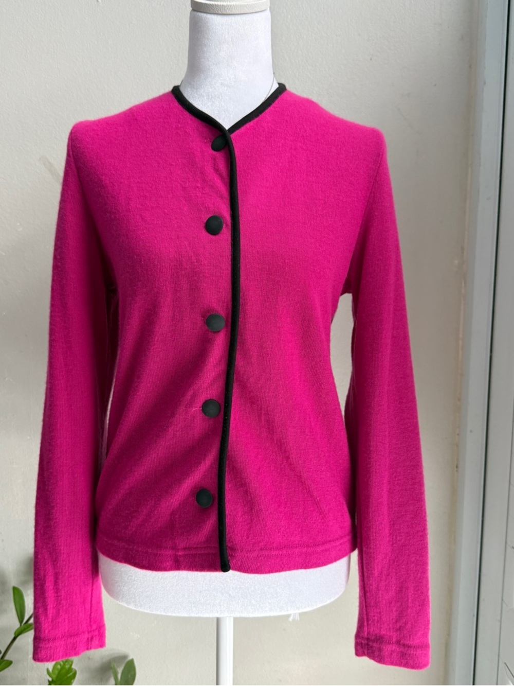 Retro Hot Pink Button Front Sweater with Black Trim